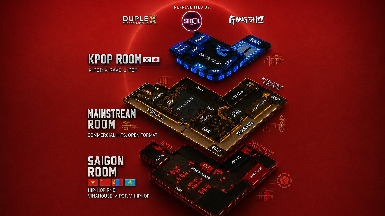 DUPLEX floor map — KPOP Room, Mainstream Room, Saigon Room